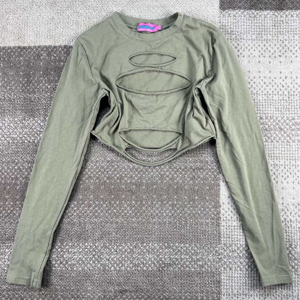 Edikted Sage Green Cutout Distressed Cropped Long Sleeve Top Womens Small
